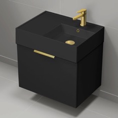 24 inch Single Floating Bathroom Vanity With Black Ceramic Sink Top - Small, Modern, Matte Black